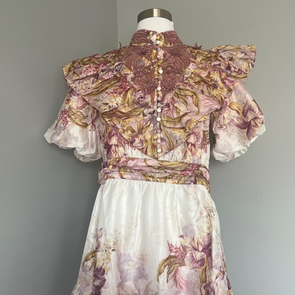 Karen Millen Floral Applique Crinkle Woven Cocktail Balloon Sleeves Mini Dress 8 - Picture 8 of 11